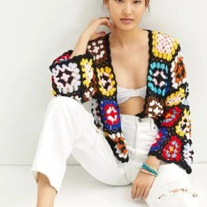 Anthropologie Colorful Granny Square Crochet Cardigan One Size